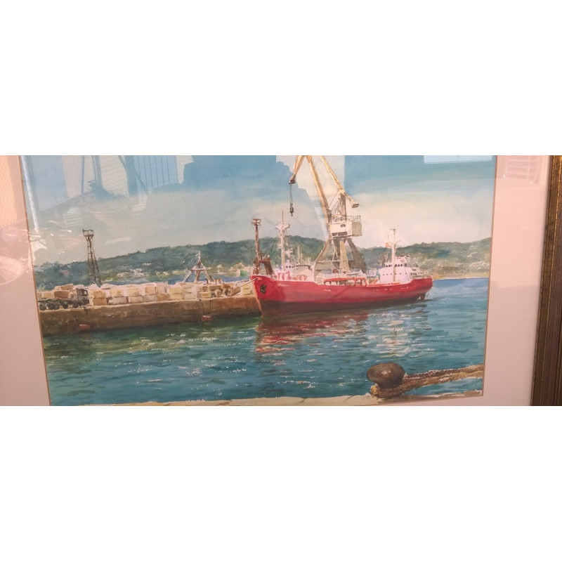 PINTURA A LA AGUADA. BUQUE EN PUERTO