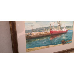 PINTURA A LA AGUADA. BUQUE EN PUERTO