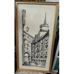 CUADRO DIBUJO AÑOS 40. PLAZA MAYOR MADRID