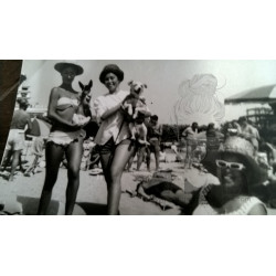 EN LA PLAYA CON SUS PERRITOS EN BRAZOS.