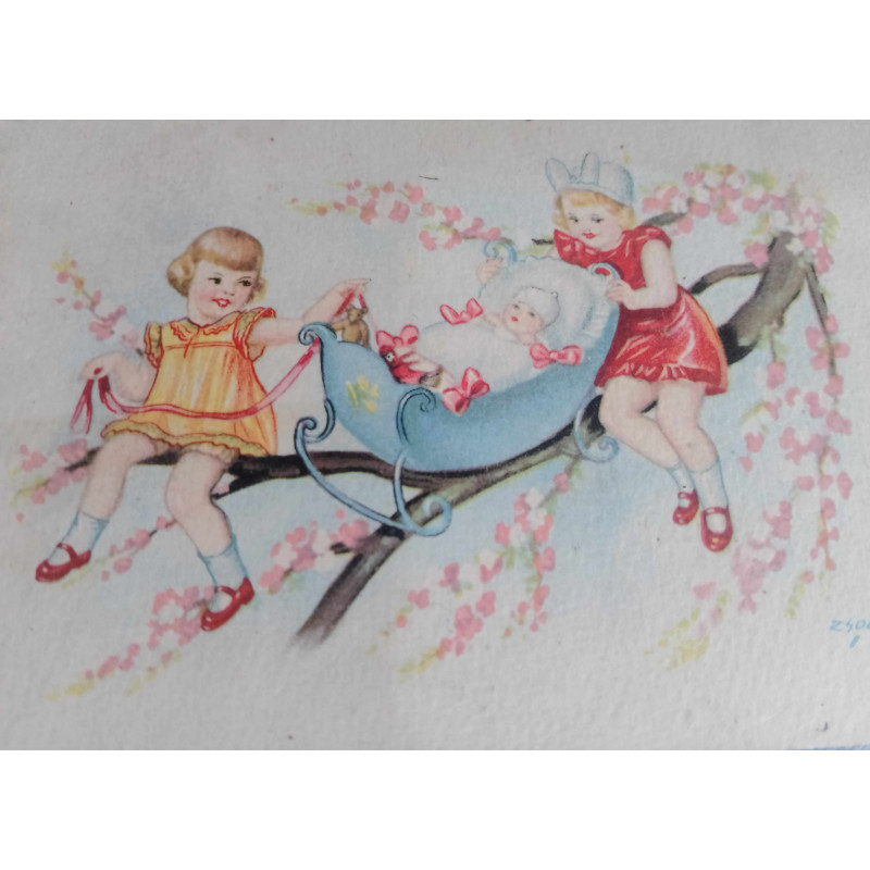 TARJETA POSTAL DE NIÑAS CON UNA CUNA