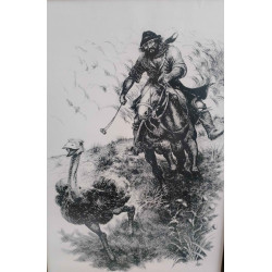 CUADRO CON MARCO, CAZADOR EN CABALLO DE AVESTRUZ