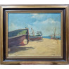 OLEO 1954 TRES BARCAS EN LA PLAYA