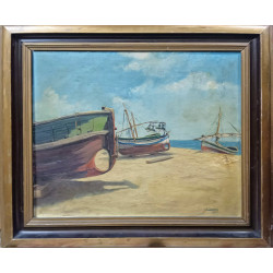 OLEO 1954 TRES BARCAS EN LA PLAYA