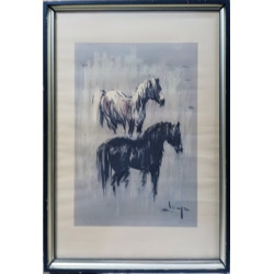 CUADRO DE CARLOS ALIAGA. PINTOR VALENCIANO.  PAREJA DE CABALLOS.