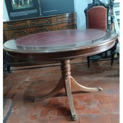 MESA CIRCULAR MADERA Y CUERO GRANATE