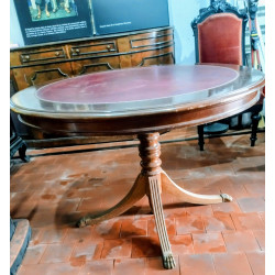 MESA CIRCULAR MADERA Y CUERO GRANATE